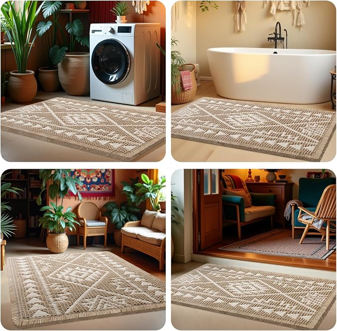 Waffle Bath Mat, Boho Woven Modern Bath Rug Absorbent Non Slip, Ultra Soft Bathroom Mats, Machine Washable Knit Bath Rugs with Triangle Border for Bathroom, Bedroom, Kitchen, 32"x20", Beige & White