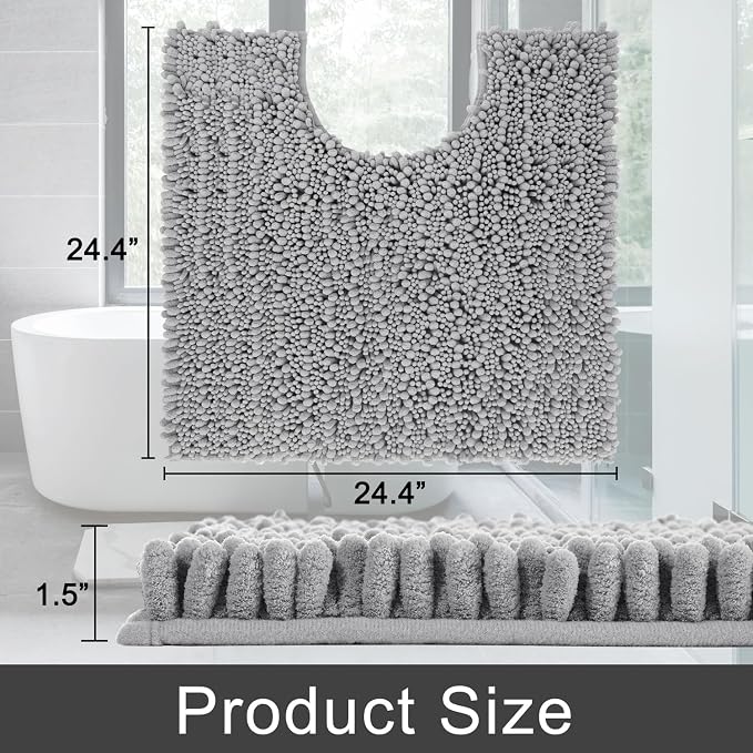 Yimobra Toilet Rug U Shaped Washable 24x24 Inch - Ultra Soft Absorbent Chenille Bath Rugs for Toilet, Quick Dry & Machine Washable, Non Slip Contour Bathroom Mat, Gray
