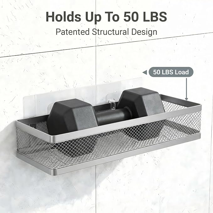 PUSDON 5-in-1 16.5" Extra Long Slim Wall Mount Wrapped Mesh Kitchen Organizer & Shower Caddy Kit, with Paper Towel Holder, Utensil Holder, Soap Dish, Holds 50LBS - Silver Gray, Netting