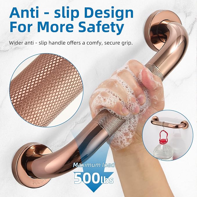 Grab Bars for Shower, Zynuhmo 2 Pack 12 Inch Anti Slip Stainless Steel Bathroom Safety Shower Grab Bar Handrails for Handicap Injury Pregnant Senior Assist Shower Handles(Rose Gold, 1.25" Diameter)