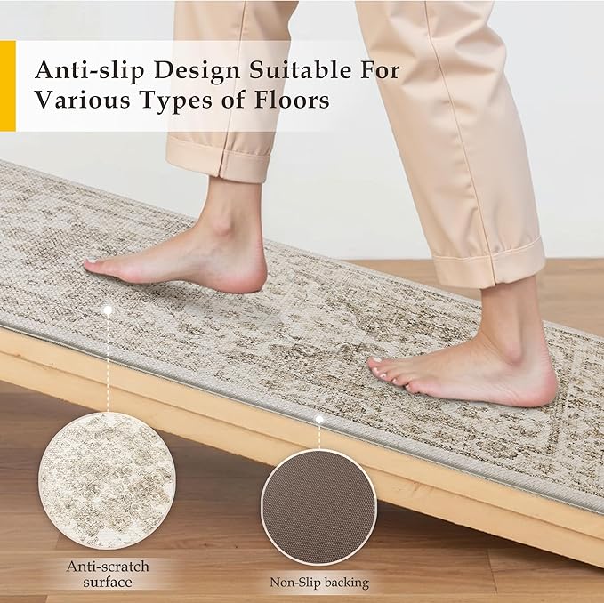 Anti Fatigue Kitchen Mats 2PCS Brown Neutral Mats for Cushioned Vintage Kitchen Matss for Floor Non-Slip Waterproof Comfort Standing Rug for Sink Laundry Office 17.3"×47"+17.3"×30"