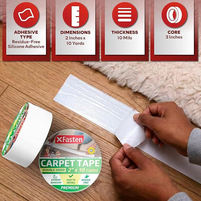 XFasten Carpet Tape for Hardwood Floors 2”x10yds No Residue Rug Tape Hardwood Floor, Strong Double Sided Carpet Tape Heavy duty Rug Tape for Area Rugs on Carpet Adhesive Tape for Rugs to Stay in Place