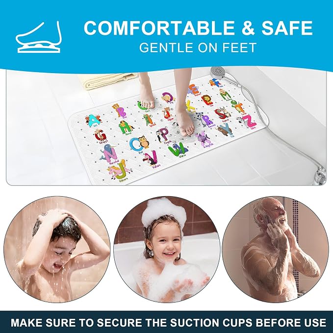 XIYUNTE Baby Bath Mat for Tub Non Slip Kids Bath Mat - 40''x16'' Extra Long Cartoon Bathtub Mat Non Slip Kids Shower Mat Eco-Friendly Toddler Bath Mats with Suction Cups, Machine Washable