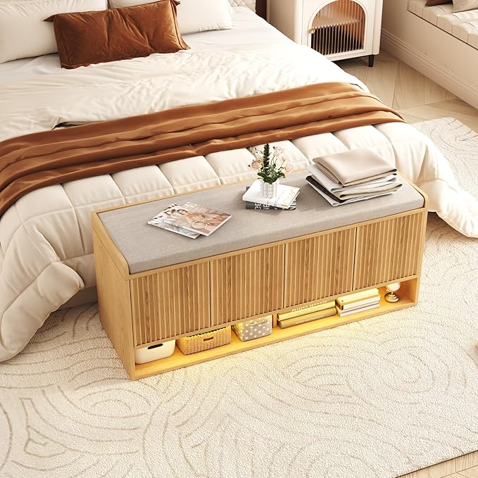 HOMEFORT 47.2" Fluted Shoe Storage Bench, Entryway Bench with Linen Seat Cushion, Shoe Cabinet Bench with Adjustable Shelf and Built-in LED Sensor Light, Bench for Bedroom End of Bed, Natural Oak
