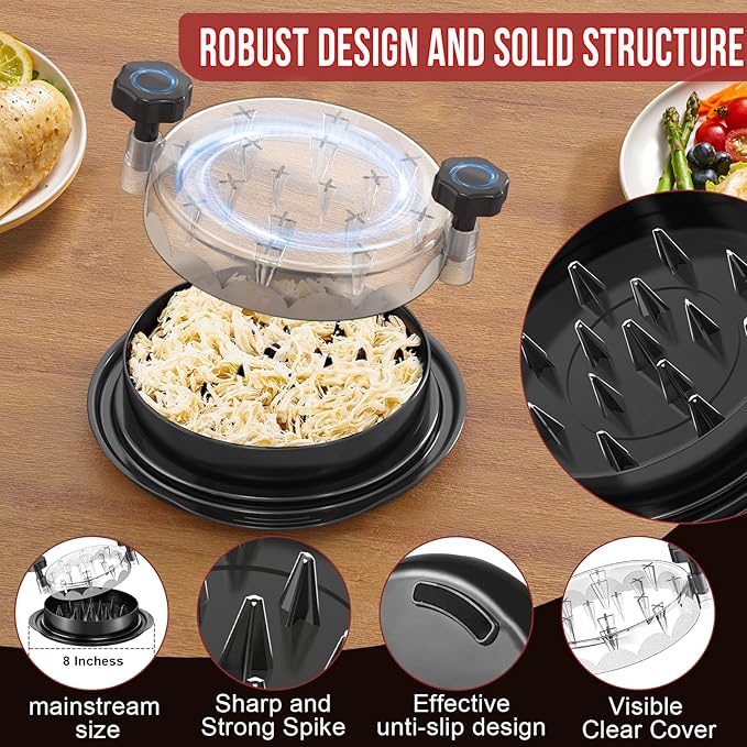 SoulLife Chicken Shredder 8 Inches, Chicken Shredder Tool Twist for Pork Beef Chicken, Meat Shredder, Clear Lid, Ergonomic Handle, Strong Anti-slip, BPA Free, Easy to Clean, Dishwasher Safe (Black)