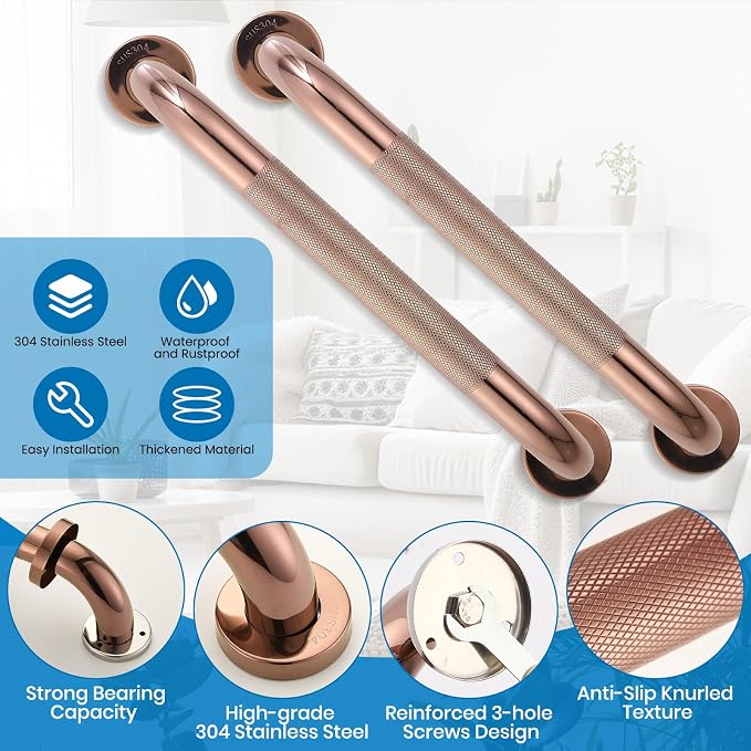 Grab Bars for Shower, Zynuhmo 2 Pack 16 Inch Anti Slip Stainless Steel Bathroom Safety Shower Grab Bar Handrails for Handicap Injury Pregnant Senior Assist Shower Handles(Rose Gold, 1.25" Diameter)
