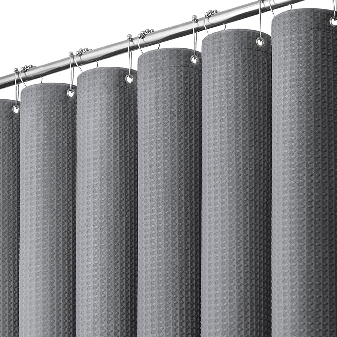 Dynamene Grey Fabric Shower Curtain for Bathroom - Waffle Weave Textured Heavy Duty , 256GSM Hotel Luxury Weighted Cloth Bath Curtain Set with 12 Plastic Hooks,72x72, Grey/Gray