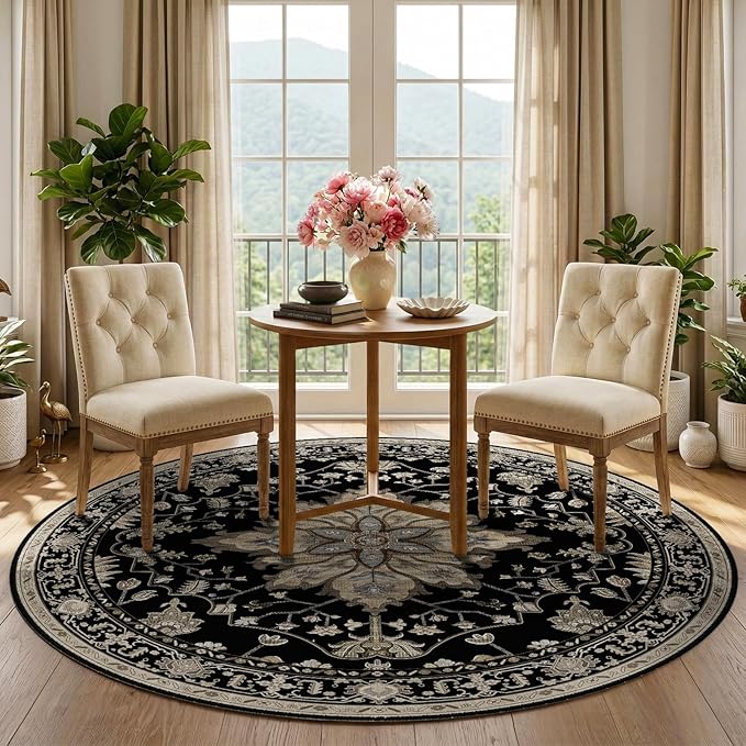 RELEANY Area Rugs Round 5ft Washable Non-Slip, Floral Vintage Distress Medallion Carpet for Living Room Bedroom Dining Room, Black Brown Neutral Dark Tan