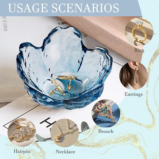 Binoster Blue Flower Glass Ring Dish Jewelry Tray Ring Holder Dish Cute Room Decor Vanity Organizer for Nightstand or Bathroom Aesthetic Trinket Dish Gift for Wife Mom Daughter