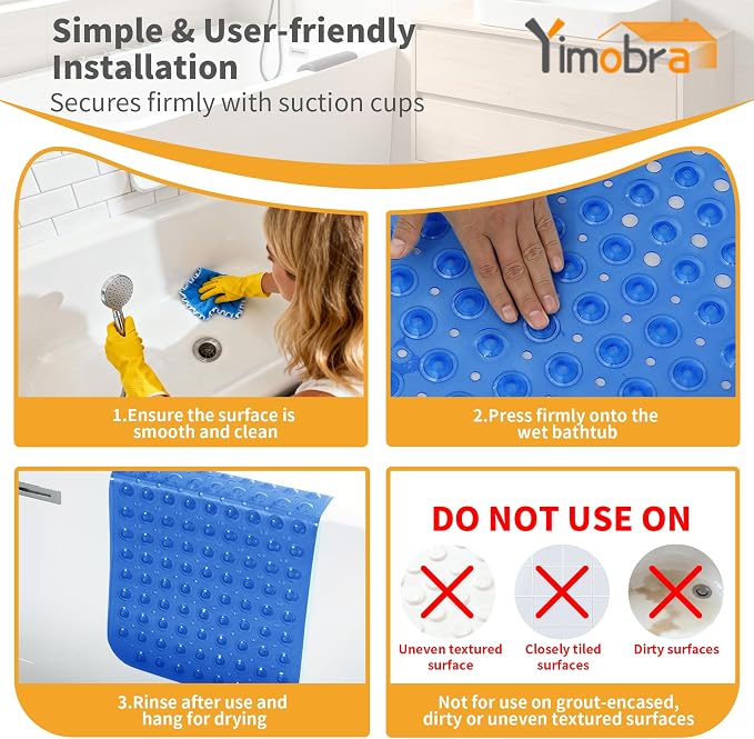 Yimobra Non Slip Bathtub Mat 40 x 16 Inch, Extra Long Shower Mat with Drain Holes, Machine Washable Baby Bath Mats, Strong Suction Cups for Bathroom Floor, Clear Navy Blue