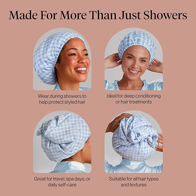 Kitsch Luxury Satin-Lined Flexi Shower Caps for Women Reusable Waterproof - Large Wide Shower Cap for Women & Men, Adjustable, Stylish Hair Cap for Showers, For Long & Short Hair - Gingham Blue