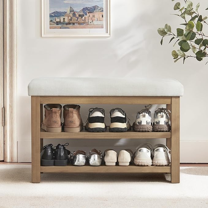 Zihanhome 2 Tier Shoe Rack Bench with Cushion, Solid Wood Shoe Benches, Mid-Century Modern Shoe Storage Bench for Entryway, Hallway, Living Room, Closet, Front Door Entrance, (Beige, 31.5")