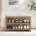 Zihanhome 2 Tier Shoe Rack Bench with Cushion, Solid Wood Shoe Benches, Mid-Century Modern Shoe Storage Bench for Entryway, Hallway, Living Room, Closet, Front Door Entrance, (Beige, 31.5")