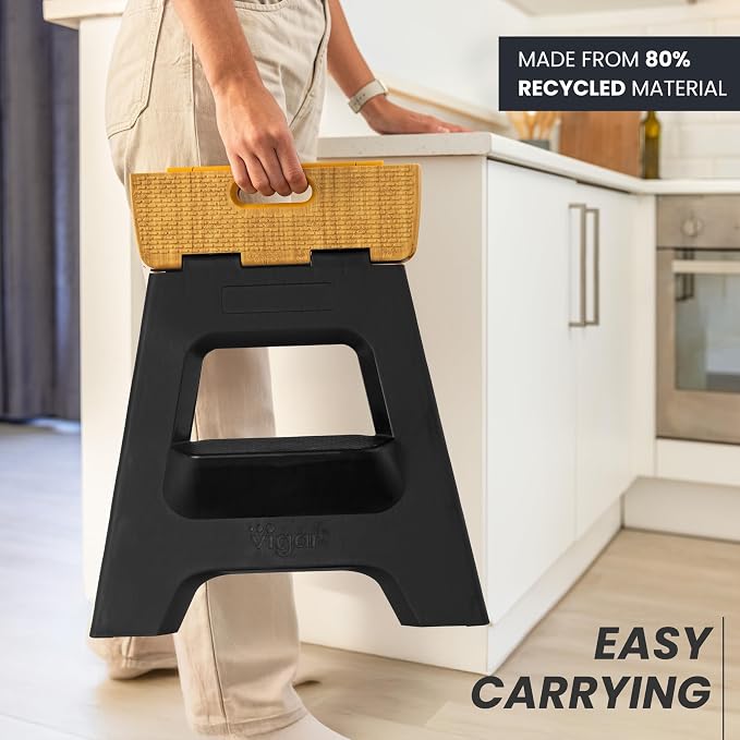Vigar Compact Folding Step Stool - 16 Inch 2 Step Foldable Step Stool for Adults, Lightweight Portable Stool with Handle, Non Slip Step Stool, Space-Saving Stool up to 330 lb - Black, Bamboo Print Top