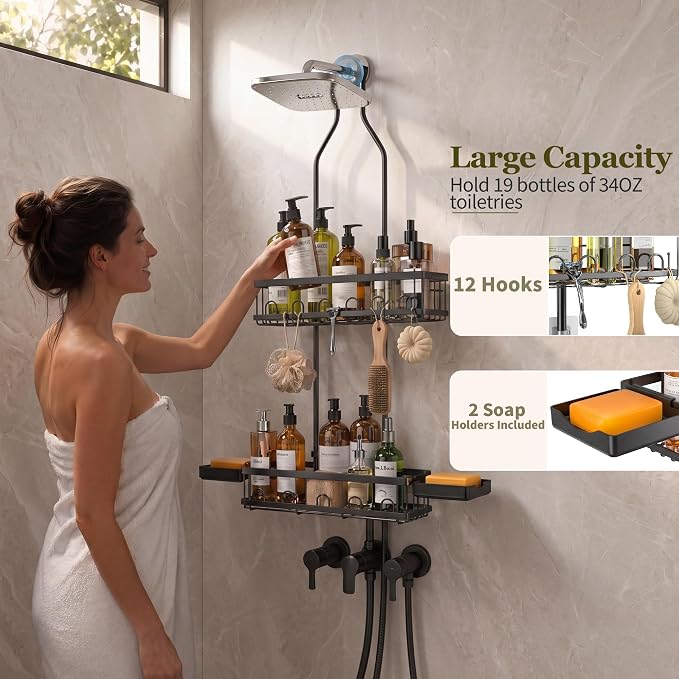 Skyapex Shower Caddy Hanging Over Shower Head, Adjustable Black Bathroom Organizer for Inside Shower, Rust-Resistant Stainless Steel Caddy with 2 Baskets, Hooks & Soap Dish for Tall Bottles