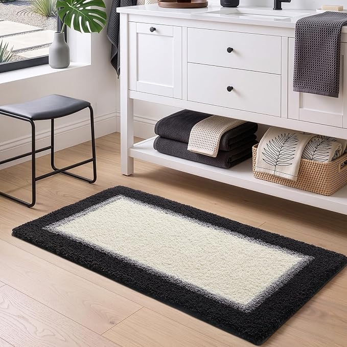 DEXI Bathroom Rugs 36x24, Absorbent Extra Soft Plush Microfiber Bath Mat for Bathroom, Non Slip Washable Bathmat Quick Dry for Shower Floor, Sink, Tub, Laundry Room, Black and White