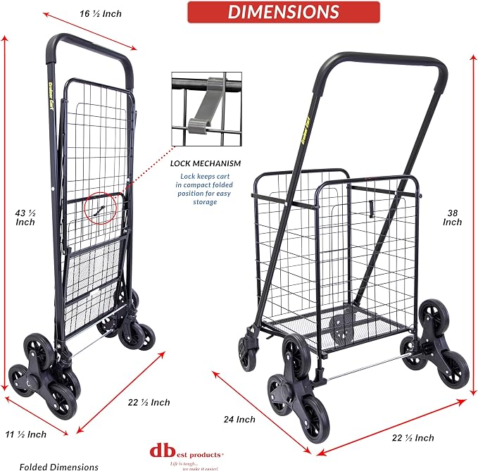 dbest Products Stair Climber Cruiser Cart Shopping Grocery Rolling Folding Laundry Basket on Wheels Foldable Utility Trolley Compact Lightweight Collapsible, Black