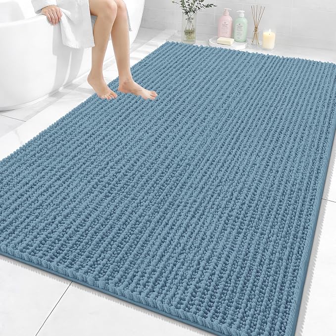 OLANLY Bathroom Rug Mat 70x46, Thick Soft and Absorbent Chenille Bath Mat, Non-Slip Rubber Backing, Machine Washable Quick Dry Bath Rugs for Tub Shower Floor, Home Decor Accessories, Airy Blue