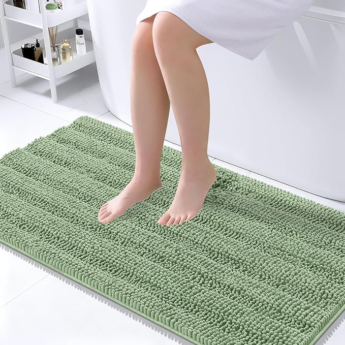 OLANLY Thick Large Bathroom Rugs 45x27, Extra Soft Absorbent Chenille Striped Bath Rugs, Rubber Backing, Machine Wash, Bath Mats for Bathroom Floor, Tub and Shower, Home Decor Accessories, Sage Green