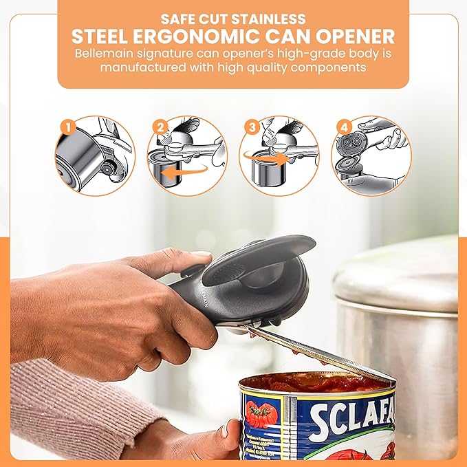 Bellemain- Safe Cut Stainless Steel Ergonomic Can Opener, Manual, Smooth Edge Perfect For Home Chefs and Restauraunts