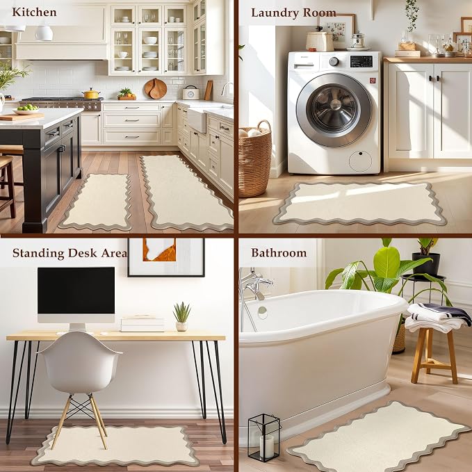 Arenarug Scalloped Kitchen Mats Rugs Sets of 2 Cushioned Anti Fatigue Floor Mat Waterproof Kitchen Rugs Non Slip Foam Comfort Standing Mat for Sink Laundry, Khaki