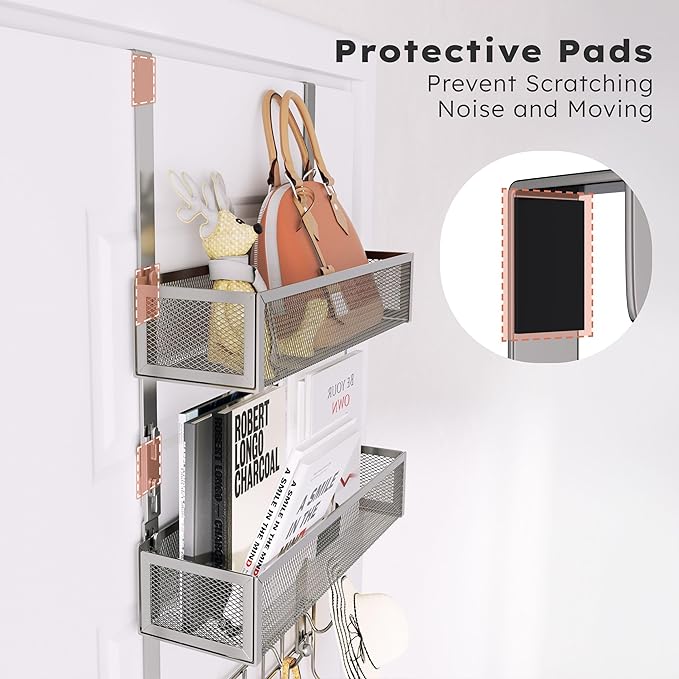 Consumest Over The Door Hooks Organizer - 3 Tier Door Hanger with 9 Coat Hooks & 2 Mesh Basket, Back Storage Organizer Hanging Towels for Bathroom, Bedroom, Sand Nickel