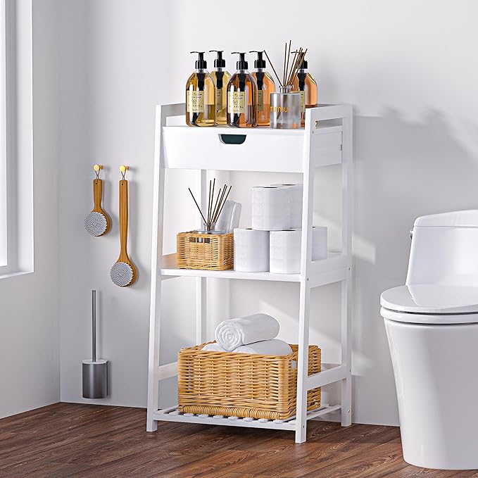 POXAKA 3 Tier Bamboo Bathroom Shelves with Drawer, Ladder Shelf for Bathroom Storage, Space-Saving Design, Stylish Display Nightstand, Stylish Storage Solution for Home, Living Room, Kitchen, Office