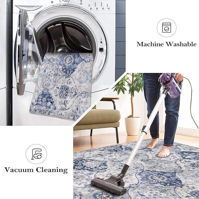 Lahome Moroccan Trellis Washable Runner Rug, 2x6 Kitchen Runners for Hallways 6 Feet Non Slip, Vintage Laundry Room Ultra-Thin Carpet for Bathroom Bedroom Entryway Elise, White/Royal Blue