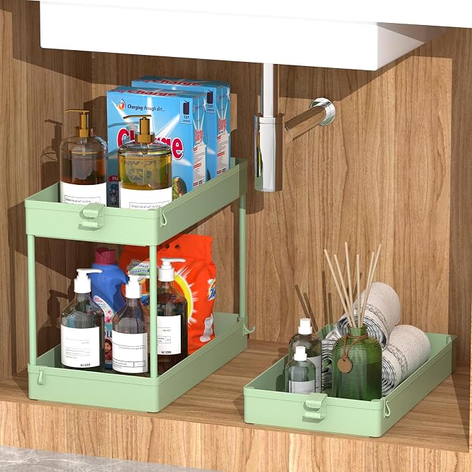SPACEKEEPER Green 3-Tier Rolling Storage Cart, Bathroom & Kitchen Organizer, Modern Plastic Frame, Adjustable Shelves
