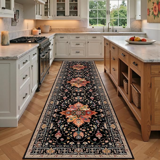 RELEANY Area Rugs Runner 2'x7' Washable Non-Slip, Floral Vintage Distress Medallion Carpet for Kitchen Hallway Bedroom Beside Laundry Room Bathroom, Black Colorful Floral Dark Tan