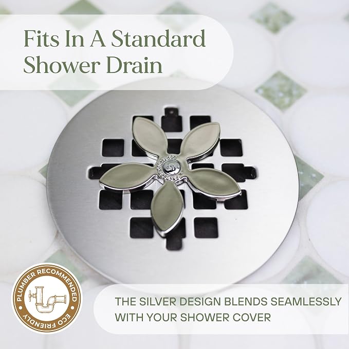 DrainWig Shower Drain Hair Catcher – Disposable Bathroom Hair Trap, Easy to Install in Shower Drain Cover, Helps Prevent Clogs – As Seen on Shark Tank – Silver Flower (4-Pack)