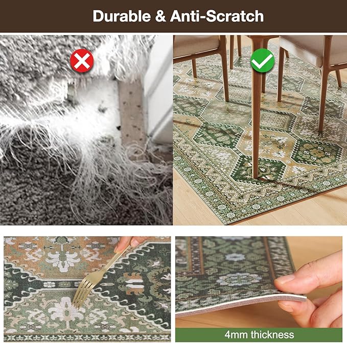 Floor Mat for Home 4×6ft, Easy Clean Plastic Rug-Like Pattern Area Mat for Living Room, Waterproof Vinyl Area Rug for Under Kitchen Table, No Slip Soft Vintage Rug for High Traffic Area(Green)