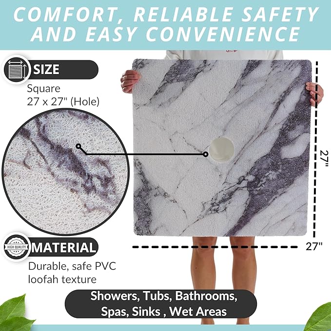 Shower Mat with Center Drain Hole - Secure Loofah Non Slip Shower Mats for Inside Shower - 27x27 Square Bath Mats for Shower - Anti Slip Shower Stall Mat - Square Shower Floor Mat (27x27 Blue Gray)