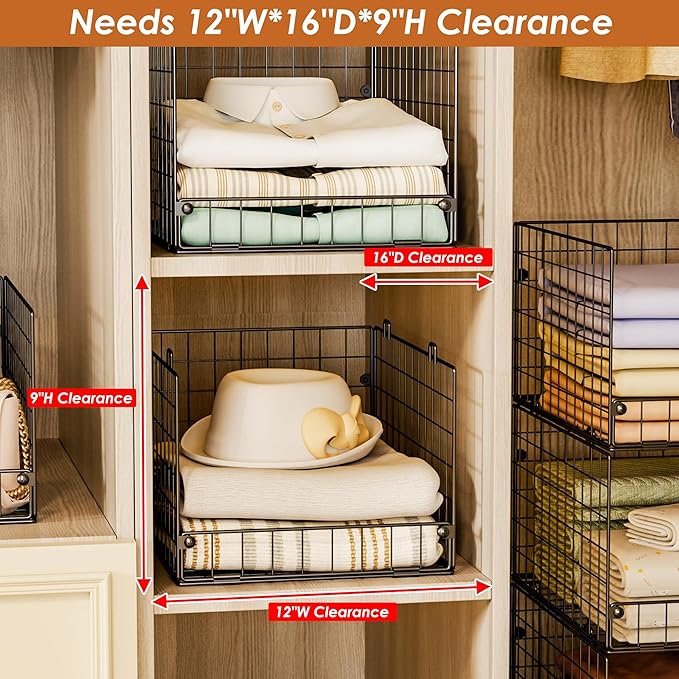 5-Tier Stackable Closet Storage Baskets, Closet Organizers and Storage Shelves, Foldable & Stackable Clothes Storage Bins for Closet System, Closet Shelf Organizer for Home,Black(Patent No. 30022416)