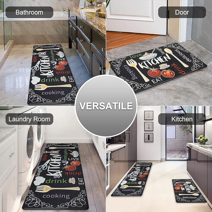 HEBE Kitchen Rugs Set of 2, Cushioned Anti Fatigue Kitchen Mats for Floor, Non Slip Waterproof Comfort Standing Desk Mat Carpet for Sink, Stove, Laundry Room, Colorful