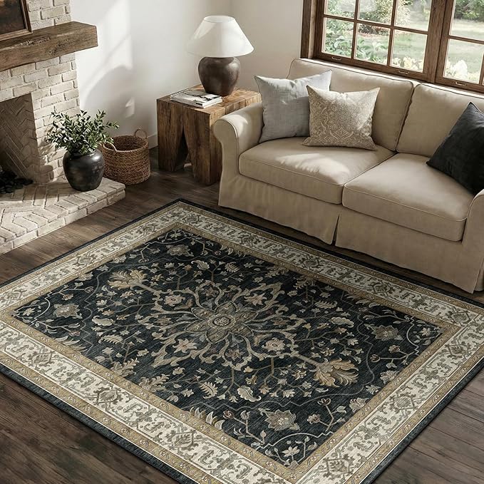 RELEANY Area Rugs 4'x6' Washable Non-Slip, Floral Vintage Distress Medallion Carpet for Living Room Bedroom Dining Room, Vintage Black Brown Neutral