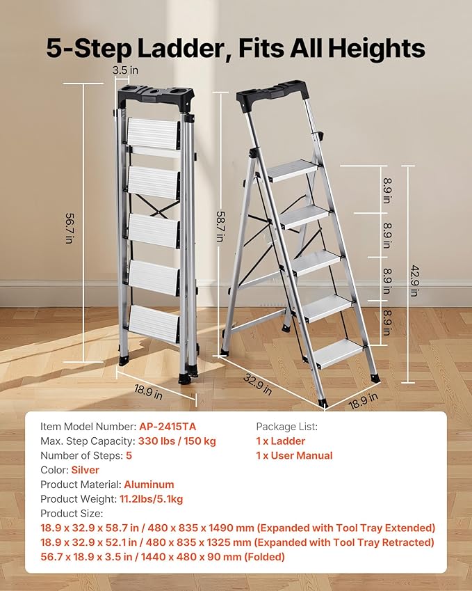 VEVOR 5 Step Ladder, Folding Step Stool with Wide Anti-Slip Pedal and Comfort Handgrip, 330 lbs Capacity Portable Aluminum Stepladder, Multi-Use for Kitchen, Warehouse, Household and Office, Silver