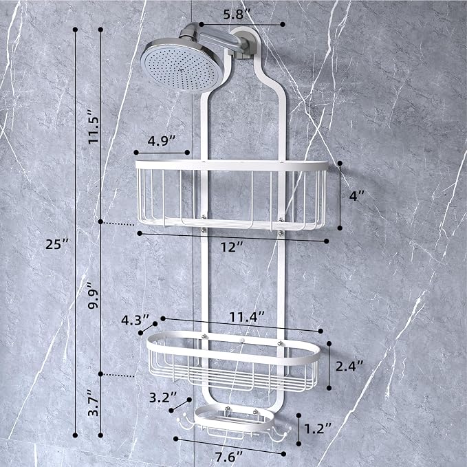White Hanging Shower Caddy, 3-Tier Bathroom Organizer with Soap Dish, Rust Resistant, Quick Dry, Assembly Required