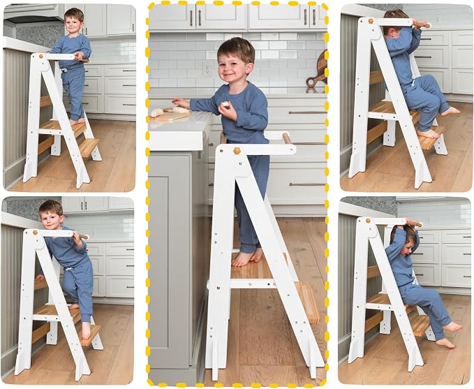 OCODILE Adjustable Foldable Toddler Tower – Folding Tower for Kids | Montessori Toddler Kitchen Step Stool Helper for Independence - White
