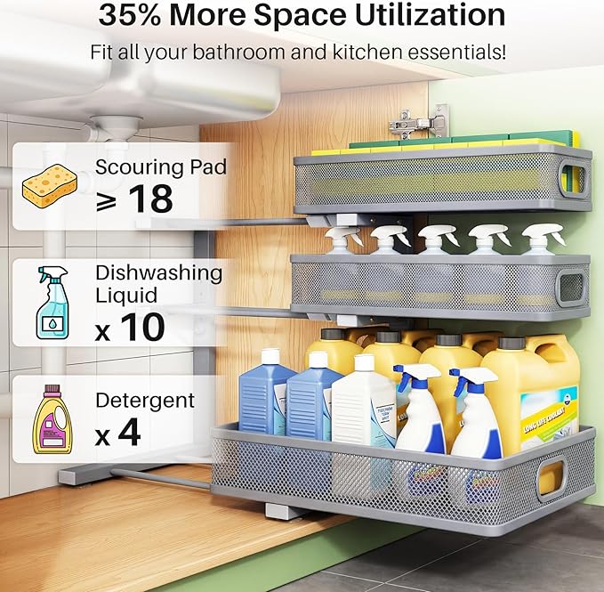 Kitstorack Under Sink Organizer, 2-Pack 3-Tier Height Adjustable Thickened Metal Pull out Cabinet Organizer Shelf, Slide out Storage Drawer Rack for Bathroom Kitchen Pantry Home Organization, Grey