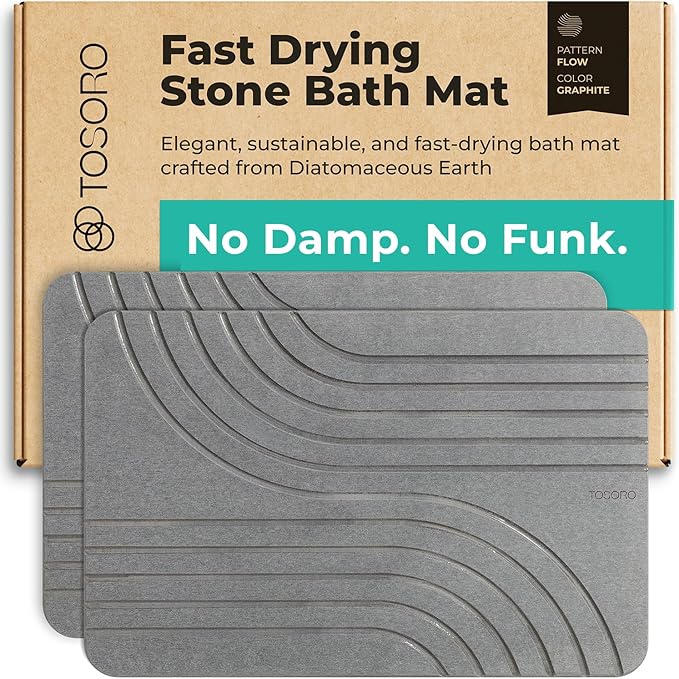 TOSORO - Stone Bath Mat Diatomaceous Earth Shower Mat Non-Slip Super Absorbent Diatomite Stone Bath Mats for Bathroom Floor Quick Drying Natural Easy to Clean (23.5 x 15) - Graphite, 2pcs