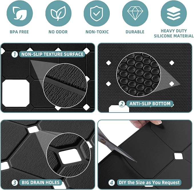 Shower Mat Non Slip Silicone Soft Odorless Bathtub Mat Non Slip No Suction Cups for Refinished,Reglazed and Textured Bath Tub Mat 24 X 24 Inch Black