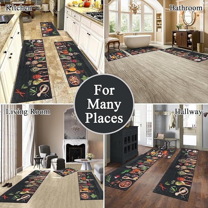 Vaukki Boho Kitchen Rug Sets 3 Pieces, Washable Kitchen Mats for Floor, Non Slip Soft Kitchen Area Rug Floor Mat for Kitchen, Laundry Room and Hallway (Spice-Black, 20''x32''+20''x47''+20''x59'')