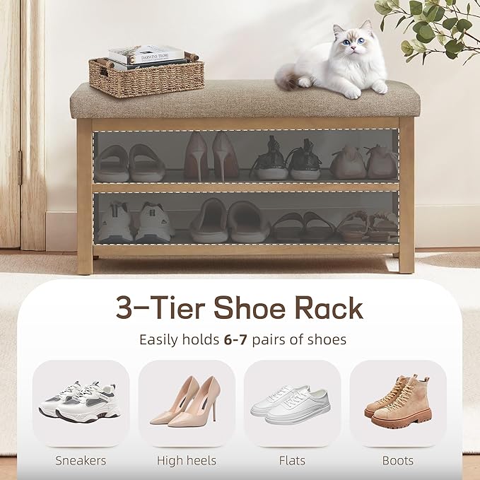 Zihanhome 2 Tier Shoe Rack Bench with Cushion, Solid Wood Shoe Benches, Mid-Century Modern Shoe Storage Bench for Entryway, Hallway, Living Room, Closet, Front Door Entrance, (Brown, 31.5")