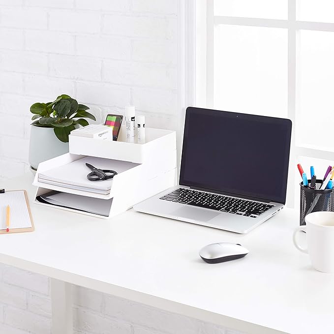 Amazon Basics Rectangular Plastic Desk Organizer Bundle, 3 Pieces Letter Tray and Accessory Tray for Office Supplies, Document Organization, Workspace Storage, 10 x 13.4 inches, White