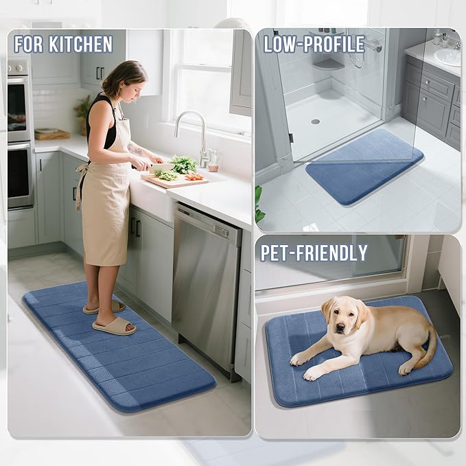 Yimobra Memory Foam Bath Mat Set 2 Piece - Super Soft Absorbent Quick Dry Bathroom Toilet Rugs, Machine Washable Non Slip Floor Carpet for Tub Shower & Single Sink (31.5x20 & 24x20, Denim Blue)