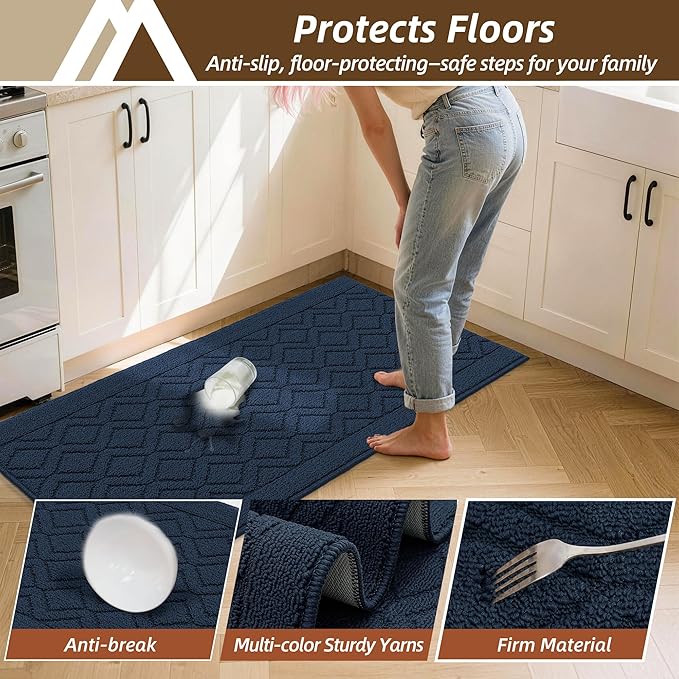 COSY HOMEER Kitchen Rugs 24"x35" Non-Slip Washable Kitchen Mats for Floor Polypropylene Absorbent Kitchen Floor Mat for Kitchen Sink Entryway,Navy Blue