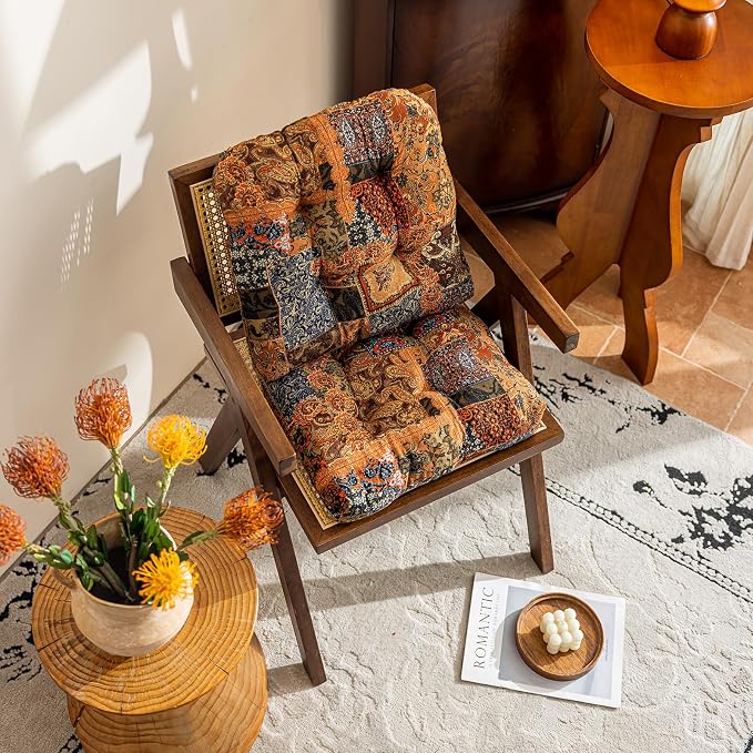 vctops Boho Paisley Chair Cushions with Ties Patchwork U-Shaped Soft Cozy Cotton Linen Chair Pads Non Slip Seat Cushions for Indoor Dining Room and Kitchen Chairs (Tan,16"x16")