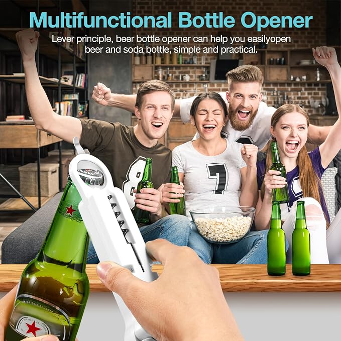 Jar Opener for Seniors with Arthritis, 7 in 1 Bottle Opener and Wine Corkscrew, Easy Grip Kitchen Gadget for Weak Hands Elderly, Retractable Jaw Lid Opener with Magnetic Storage (Off-White)