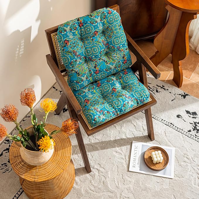 vctops Boho Geometric Chair Cushions with Ties U-Shaped Soft Cozy Cotton Linen Chair Pads Non Slip Seat Cushions for Indoor Dining Room and Kitchen Chairs (Turquoise,18"x18")